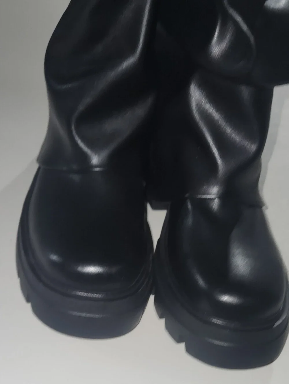 Black Slouchy Knee-High Platform Boots Faux Leather Size 41 EU/ 9.5 - 10 US